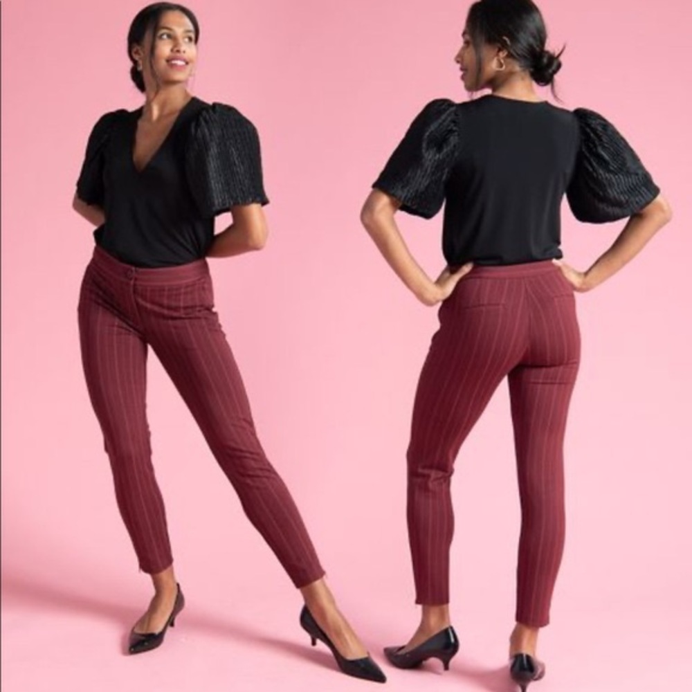 Betabrand Burgundy Pinstripe Skinny Pants